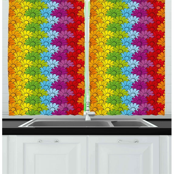 Ambesonne Floral Kitchen Curtains, Rainbow Colored Flowers, 55"x39", Multicolor