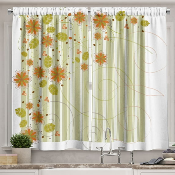 Ambesonne Floral Kitchen Curtains, Retro Swirled Flowers, 55"x45", Green Orange White
