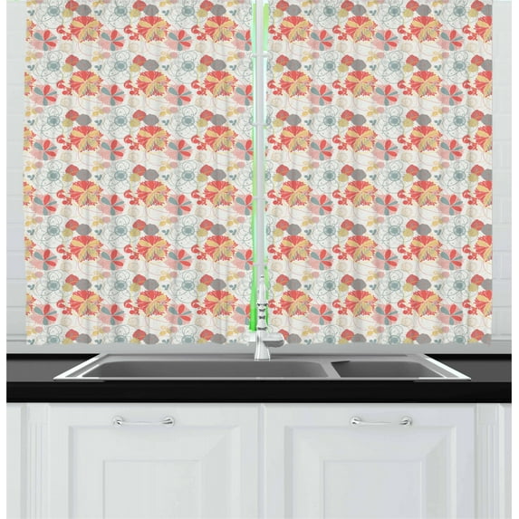 Ambesonne Floral Kitchen Curtains, Retro Warm Colored Fall, 55"x39", Coral Yellow Grey