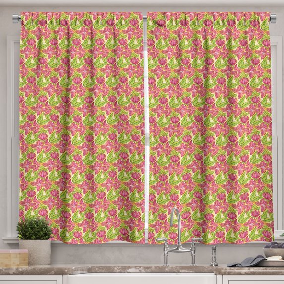 Ambesonne Floral Kitchen Curtains, Retro Watercolor Flowers Art, 55"x24", Salmon Apple Green and Coral