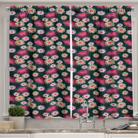 Ambesonne Floral Kitchen Curtains, Rhythmic Exotic Flower Art, 55"x45", Grey and Multicolor