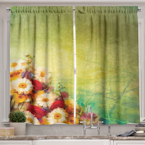 Ambesonne Floral Kitchen Curtains, Romantic Flower Bouquet, 55"x45", Yellow White