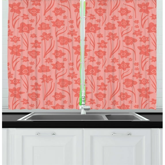 Ambesonne Floral Kitchen Curtains, Romantic Simplistic Flowers, 55"x45", Blush and Coral