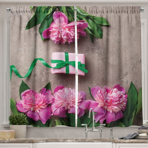 Ambesonne Floral Kitchen Curtains, Romantic Vibes Peony Flowers, 55"x30", Dark Magenta and Green