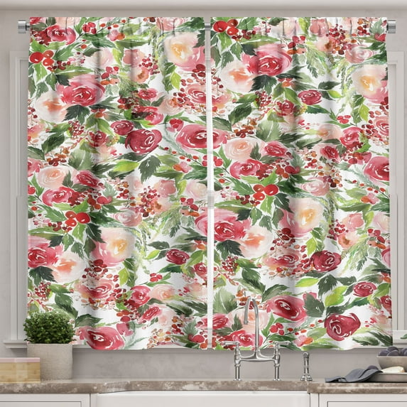 Ambesonne Floral Kitchen Curtains, Roses Berries Bouquet Art, 55"x39", Green Pink