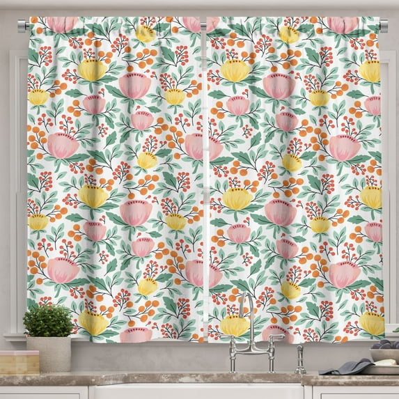 Ambesonne Floral Kitchen Curtains, Rowan Berry Poppy Spring, 55"x39", Multicolor
