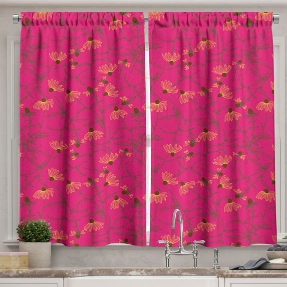 Ambesonne Floral Kitchen Curtains, Rudbeckia Flowers Pattern, 55"x36", Hot Pink and Chocolate