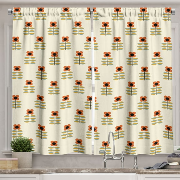 Ambesonne Floral Kitchen Curtains, Scandinavian Style Blossoms, 55"x36", Dark Orange and Pale Teal