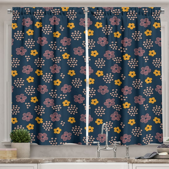 Ambesonne Floral Kitchen Curtains, Scattered Flower Artwork, 55"x36", Orange and Dark Violet Blue