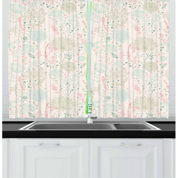 Ambesonne Floral Kitchen Curtains, Soft Toned Nature Theme, 55"x45", Pale Green Mint Green