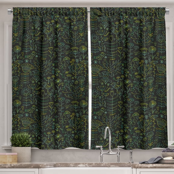 Ambesonne Floral Kitchen Curtains, Spring Season Blossoms Art, 55"x30", Black Jade Green
