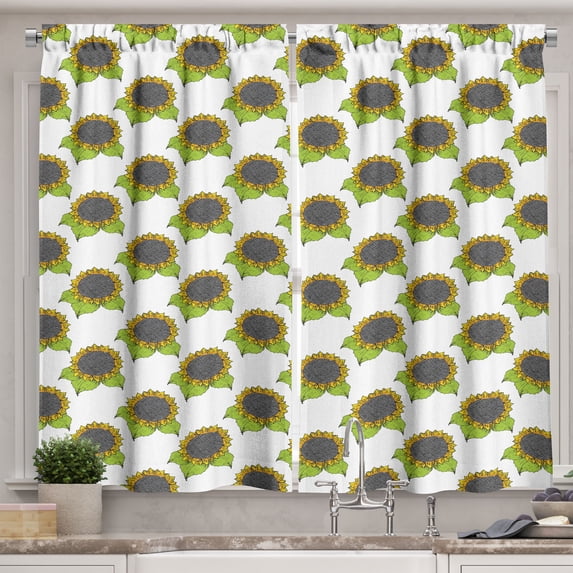 Ambesonne Floral Kitchen Curtains, Spring Sunflower Sketch, 55"x45", Apple Green Dark Taupe