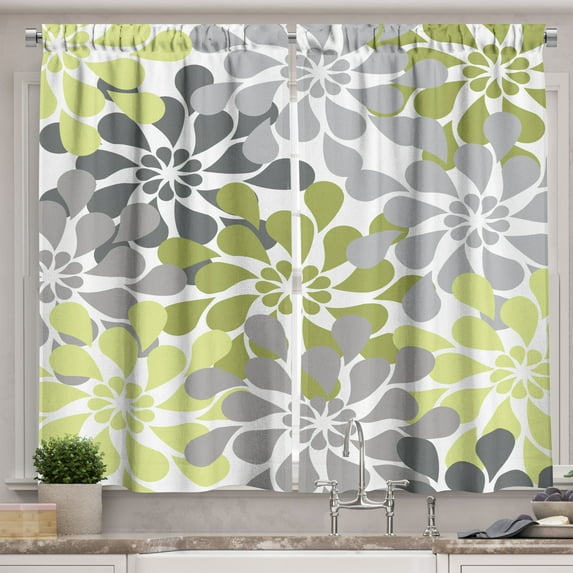 Ambesonne Floral Kitchen Curtains, Swirling Effect Drop Petals, 55"x39", Apple Green and Grey