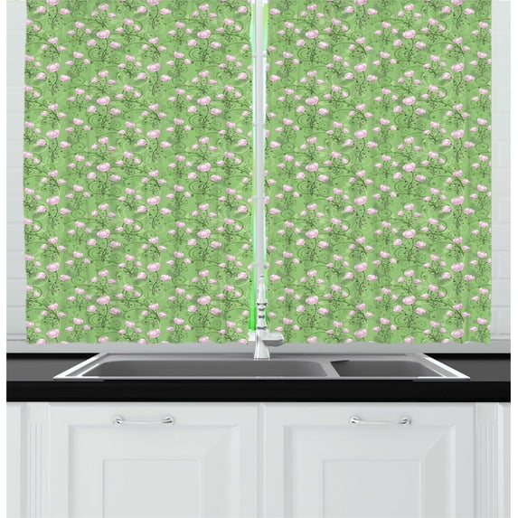 Ambesonne Floral Kitchen Curtains, Swirling Nature Blooms Art, 55"x45", Pale Pink Fern Green