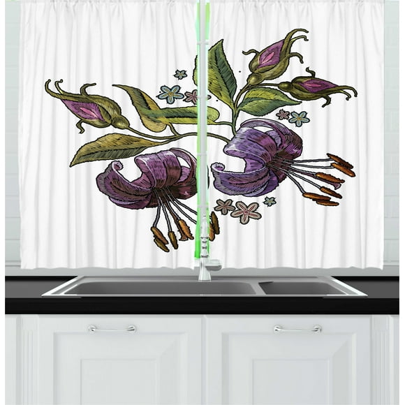 Ambesonne Floral Kitchen Curtains, Tiger Lillies Art, 55"x45", Pale Fuchsia Plum