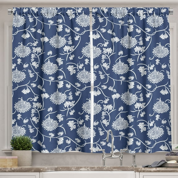 Ambesonne Floral Kitchen Curtains, Traditional Asian Flowers, 55"x30", Night Blue and White