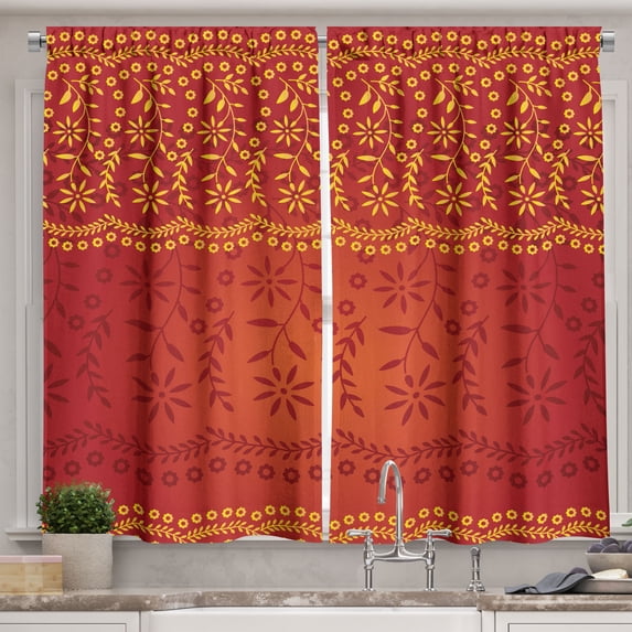 Ambesonne Floral Kitchen Curtains, Traditional and Leafy, 55"x45", Vermilion Ruby