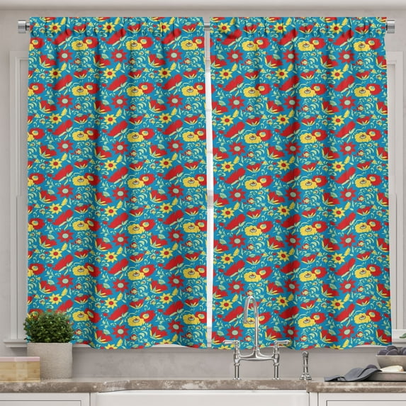 Ambesonne Floral Kitchen Curtains, Vintage-Colored Flowers Art, 55"x39", Blue Mustard and Vermilion