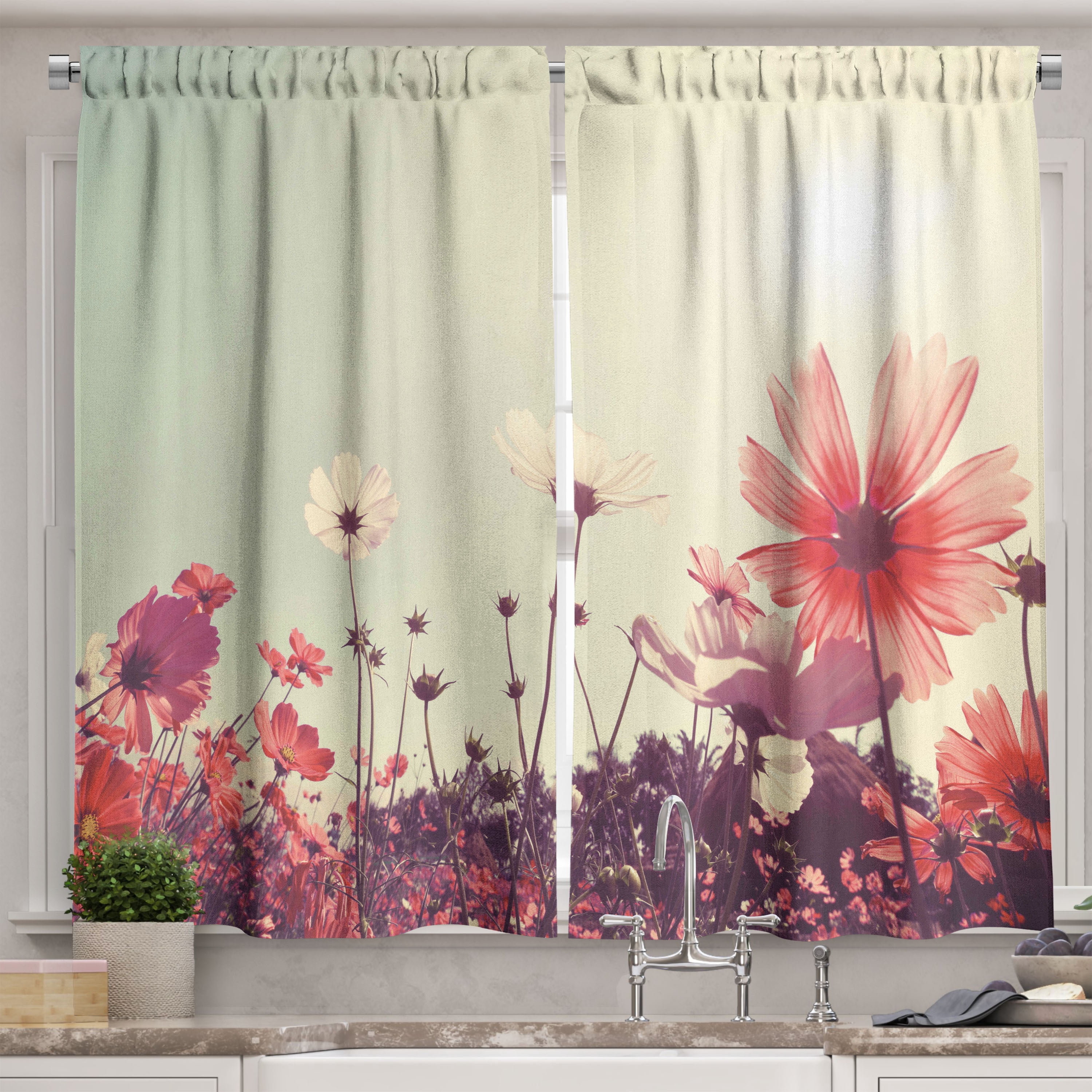 Ambesonne Floral Kitchen Curtains, Vintage Cosmos Plant Sky, 55"x45", Sky Blue and Dark Coral ...