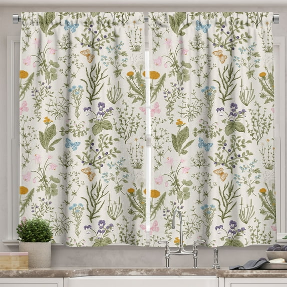 Ambesonne Floral Kitchen Curtains, Vintage Garden Plants, 55"x45", Reseda Green Beige