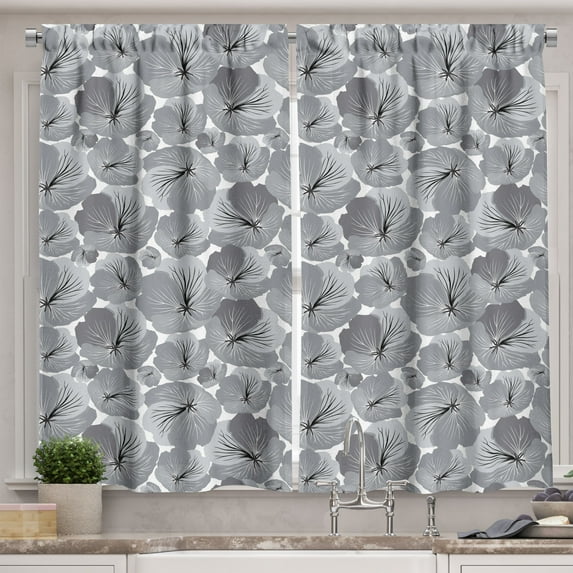 Ambesonne Floral Kitchen Curtains, Vintage Grey Poppy Flowers, 55"x45", Grey Pale Grey and Black
