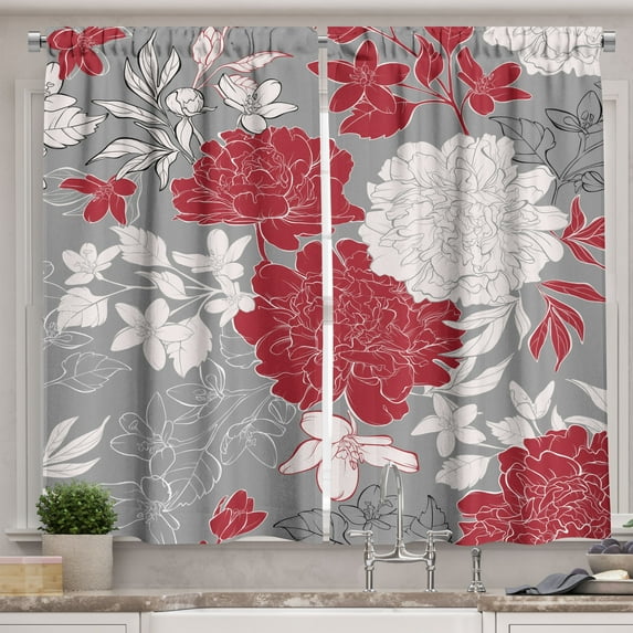 Ambesonne Floral Kitchen Curtains, Vintage Peony Bloom Motif, 55"x24", Ruby Grey and Off White