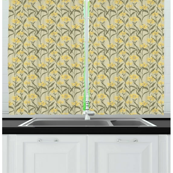 Ambesonne Floral Kitchen Curtains, Vintage Yellow Tone Flowers, 55"x45", Grey Yellow and Slate Brown