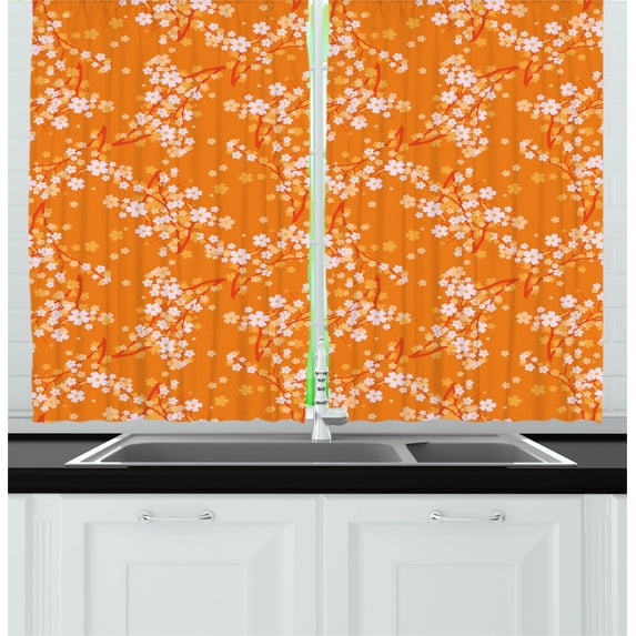 Ambesonne Floral Kitchen Curtains, Vivid Blooms Spring Tree, 55"x39", Orange Lilac