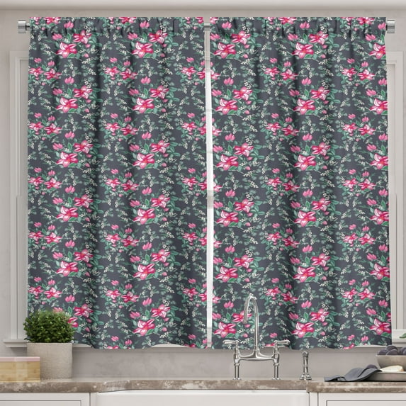 Ambesonne Floral Kitchen Curtains, Vivid Summer Flower Bouquet, 55"x39", Multicolor