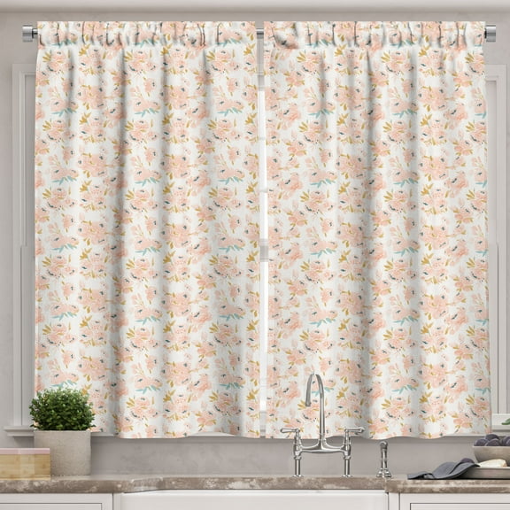 Ambesonne Floral Kitchen Curtains, Watercolor Peony Flowers Art, 55"x36", Pastel Brown and Blue Grey