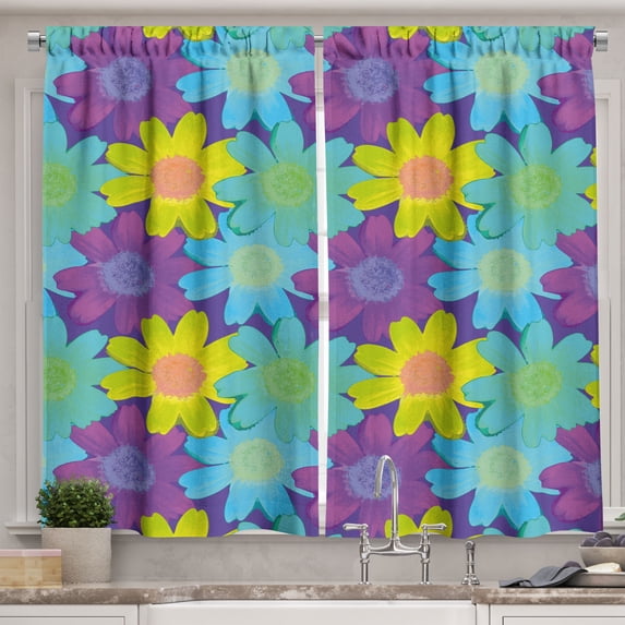 Ambesonne Floral Kitchen Curtains, Watercolor Style 90s Pattern, 55"x24", Multicolor