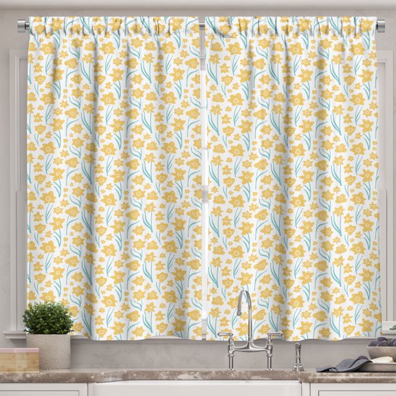 Ambesonne Floral Kitchen Curtains, Yellowish-Toned Flowers Art, 55"x24", Pale Orange Turquoise