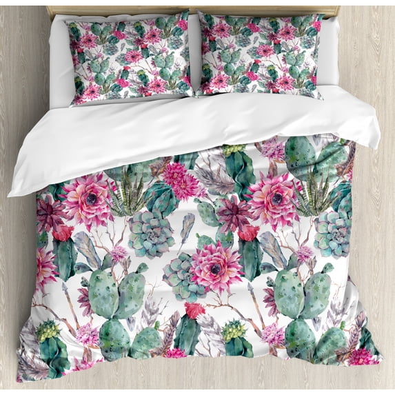 Ambesonne Floral Microfiber Woven Bedding Sets, Queen, 3-Pieces