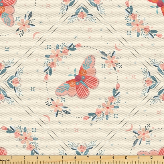 Ambesonne Floral Moth Fabric by the Yard Upholstery, Oriental Luna Wingy Art, 3 Yards, Champagne Coral Sea Blue