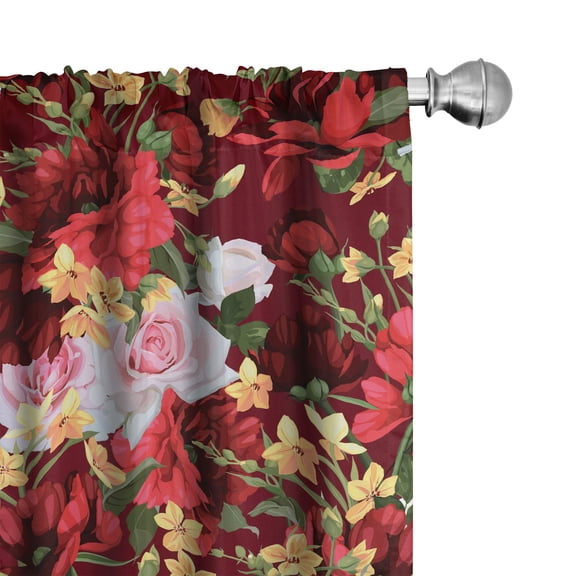 Ambesonne Floral Nature Print Curtains, Rose Peony Fall, Pair of 28"x63", Ruby Pale Pink and Yellow