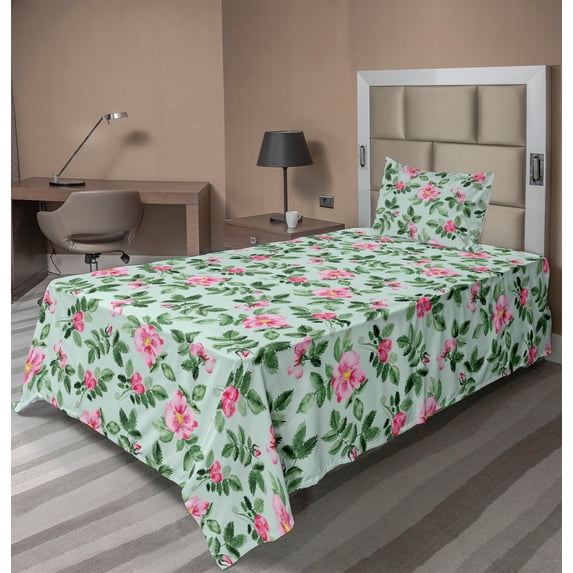 Ambesonne Floral Nature Print Fitted & Flat Sheet with Sham 3 Pcs Set, Flowery Mirage, Twin, Pink Jade Green Seafoam