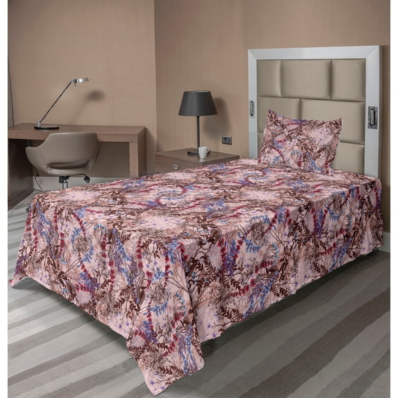 Ambesonne Floral Nature Print Fitted & Flat Sheet with Sham 3 Pcs Set, Potpourri Vibe, Twin, Ruby Pale Lavender Blush