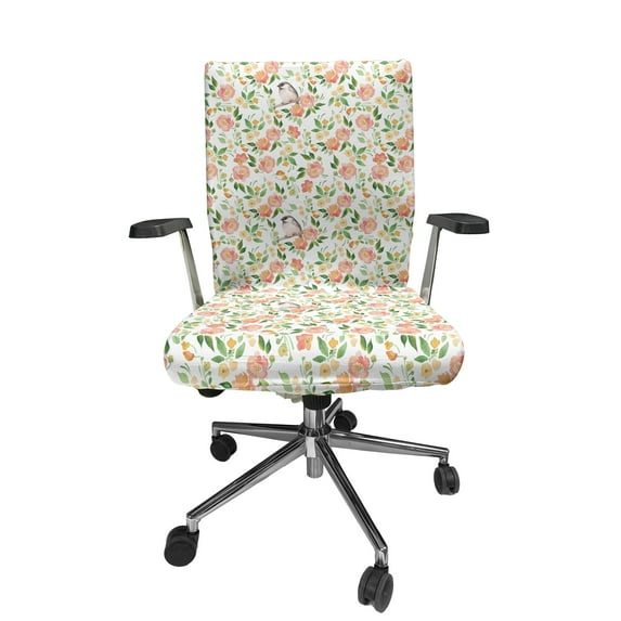Ambesonne Floral Office Chair Cover Stretchable High Back, Flower Petals Blossoms, Coral Fern Green White