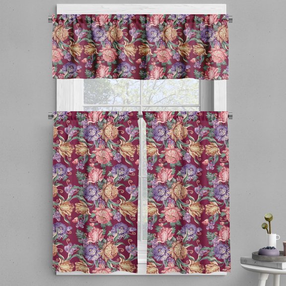 Ambesonne Floral Painting Valance & Curtain, Flowers Curls Leaf, 55"x30", Dark Fuchsia Pale Lilac