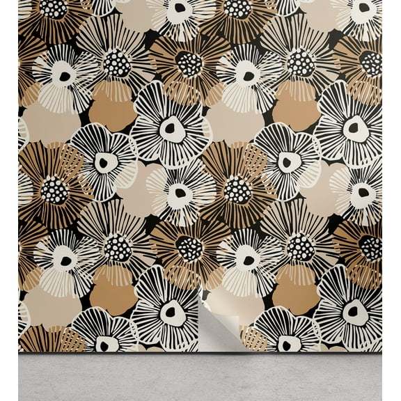 Ambesonne Floral Peel & Stick Wallpaper for Home, Abstract Poppy Flowers Art, 13"x36", Black Fawn Beige