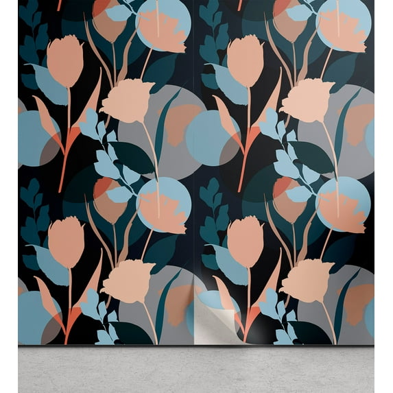 Ambesonne Floral Peel & Stick Wallpaper for Home, Abstract Silhouettes Floral, 13"x36", Salmon Sky Blue and Dark Teal