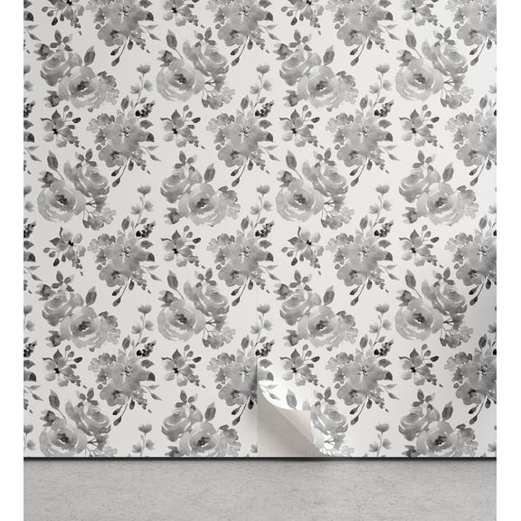Ambesonne Floral Peel & Stick Wallpaper for Home, Achromatic Colors of Flowers, 13"x100", White Grey