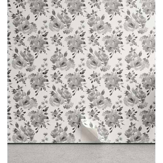 Ambesonne Floral Peel & Stick Wallpaper for Home, Achromatic Colors of Flowers, 13"x72", White Grey