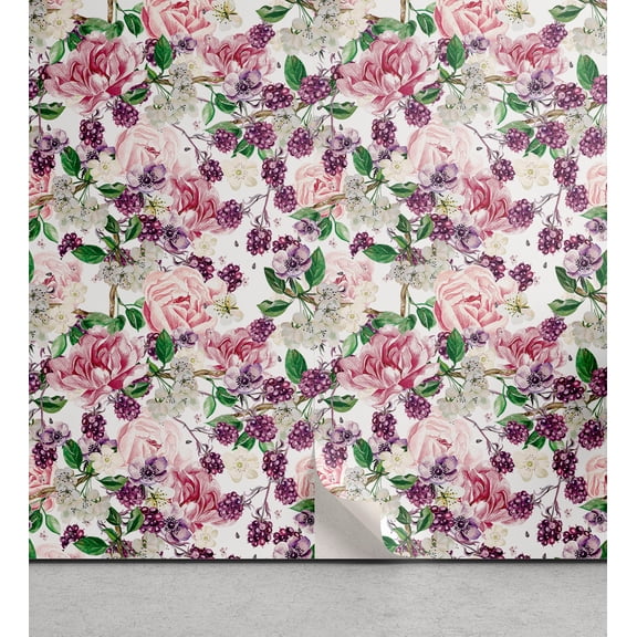 Ambesonne Floral Peel & Stick Wallpaper for Home, Anemone Peony Blackberry Art, 13"x36", Rose Forest Green Purple
