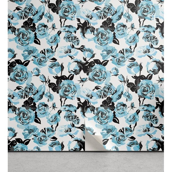 Ambesonne Floral Peel & Stick Wallpaper for Home, Art Aquarelle Dreamy Flowers, 13"x36", Deep Sky Blue Dark Grey
