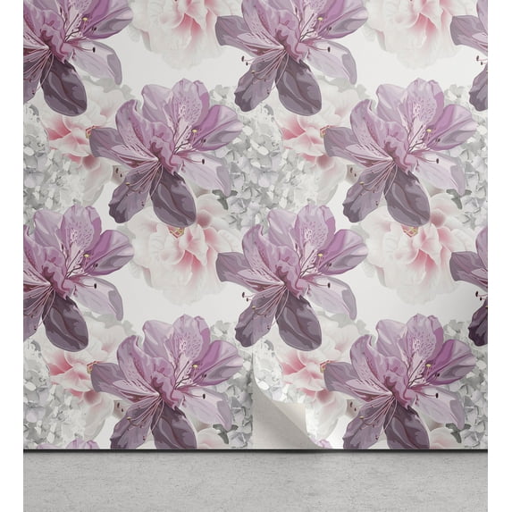 Ambesonne Floral Peel & Stick Wallpaper for Home, Art Hydrangea Azelea Flowers, 13"x100", Pale Eggplant Pastel Pink