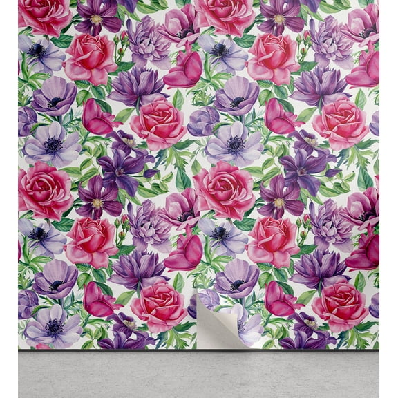 Ambesonne Floral Peel & Stick Wallpaper for Home, Art Jumble Spring Rose Lily, 13"x36", Quartz Magenta Green