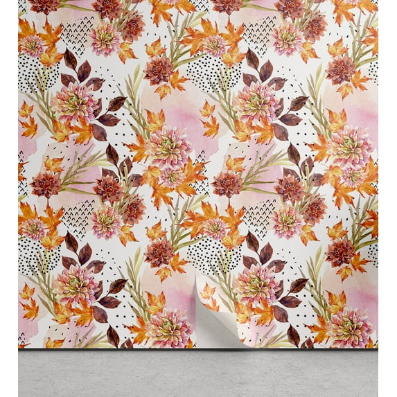 Ambesonne Floral Peel & Stick Wallpaper for Home, Autumn Dahlia Flowers Plot, 13"x36", Marigold Redbrown and Blush
