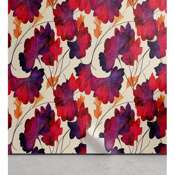 Ambesonne Floral Peel & Stick Wallpaper for Home, Autumn Season Leaves Romance, 13"x72", Eggshell and Dark Coral