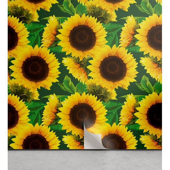 Ambesonne Floral Peel & Stick Wallpaper for Home, Autumn Sunflowers Leaves, 13"x72", Earth Yellow and Fern Green